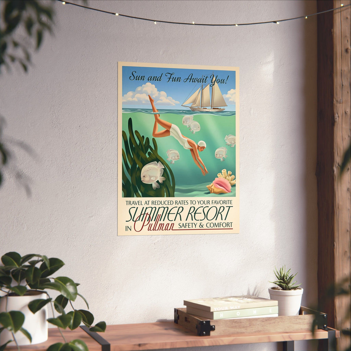 Vintage Travel Poster | Matte Vertical Poster | Retro Woman Diver & Sailboat | Pullman Summer Resort Beach Art | Mid-Century Nautical Decor