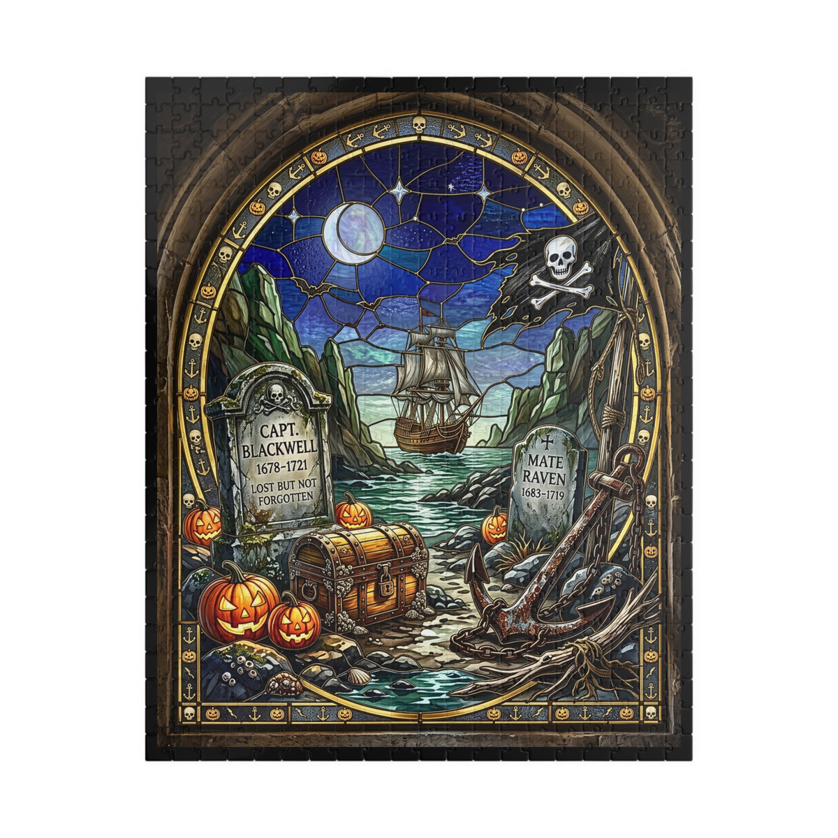 Haunted Pirate Graveyard | Stained-Glass Jigsaw Puzzle | Halloween Jolly Roger, Crescent Moon & Ghost Ship Art | Spooky Nautical Treasure