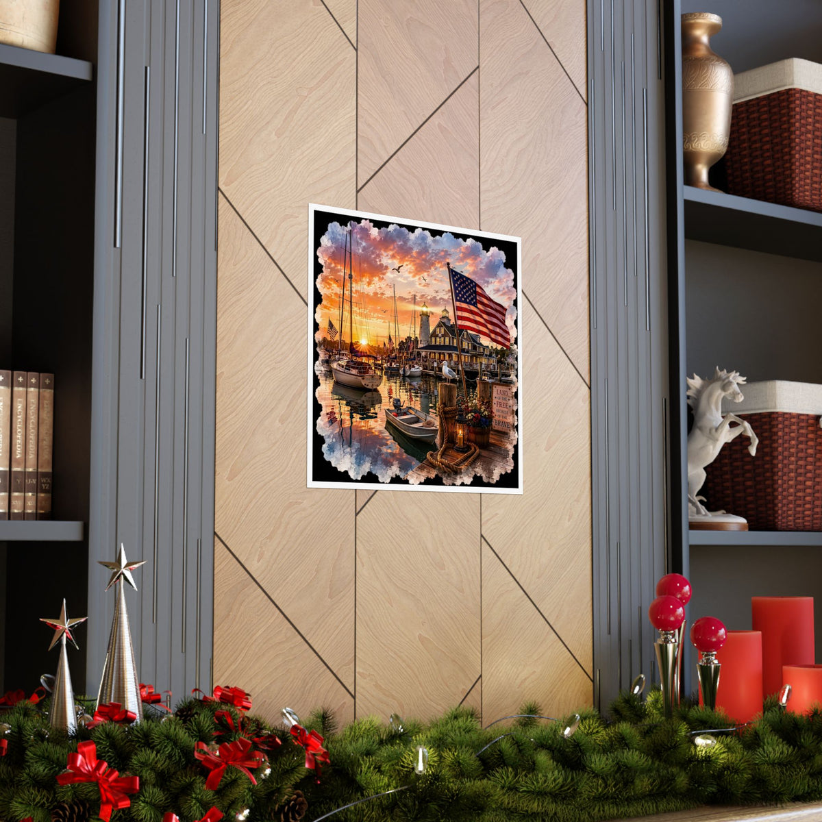 Patriotic Harbor Sunset Watercolor| Matte Square Poster | Land of the Free Because of the Brave Design | Classic Lighthouse, American Flag