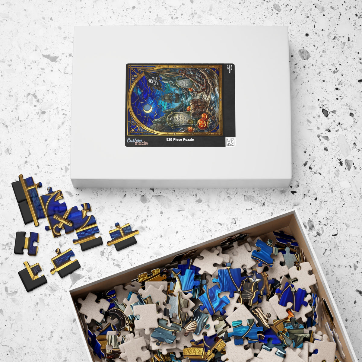 Haunted Pirate Graveyard | Stained-Glass Jigsaw Puzzle | Halloween Jolly Roger, Crescent Moon & Ghost Ship Art | Spooky Nautical Treasure