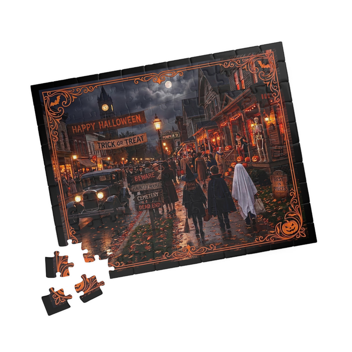 Vintage Halloween Night Town Scene | Jigsaw Puzzle -3 sizes | Nostalgic "Trick or Treat" Village | Classic Halloween Art