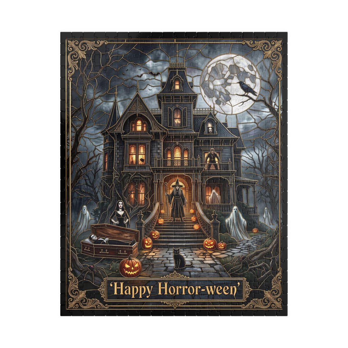 Gothic Victorian Haunted House | Faux Stained-Glass Jigsaw Puzzle | Happy Horror-ween | Spooky Haunted Mansion | Classic Horror Characters