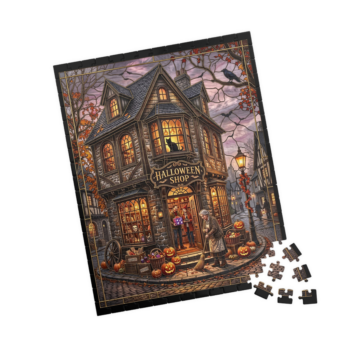 Magical Halloween Shop | Faux Stained-Glass Jigsaw Puzzle | Spooky Autumn Village Print | Whimsical Black Cat and Pumpkins Fall Decor