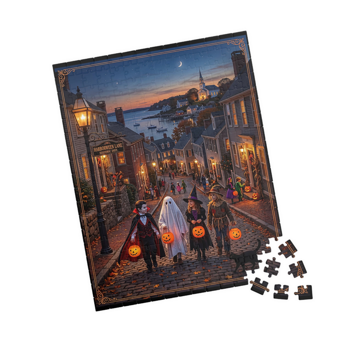 "HARBORWEEN LANE" Historic District | Jigsaw Puzzle - 3 sizes | Nostalgic Night Town Scene | Classic Halloween Art | Spooky Retro Trick-or-Treat Village | Fall Gift for Kids & Adults
