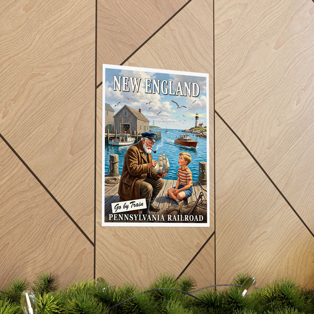 Vintage New England Mid-Century Travel Advertisement |Matte Vertical Poster|Nautical Sea Captain Wall Art|Go By Train Pennsylvania Railroad