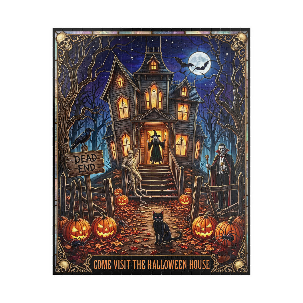 Come Visit The Halloween Haunted House | Faux Stained-Glass Jigsaw Puzzle| Spooky Witch, Mummy, Jack-o'-lanterns and Dracula | Bats, Spiders