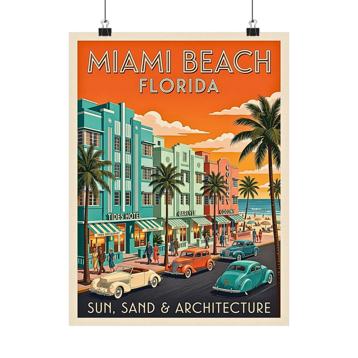 Miami Beach Florida Art Deco Travel | Matte Poster | Retro Vintage Mid-Century Wall Art | Ocean Drive, Tides & Carlyle Hotels, Classic Cars