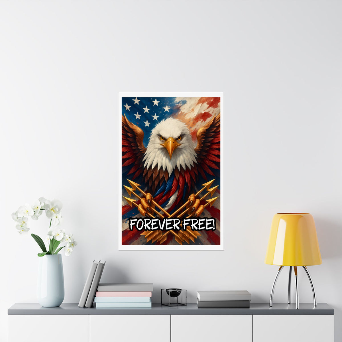 FOREVER FREE Satin Poster | Bald Eagle Soars | Liberty And Justice For All | Patriotic Home Decor | USA Flag Wall Art | 3 sizes