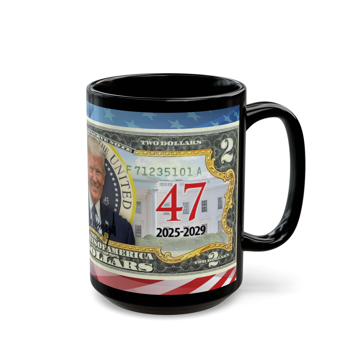 DONALD TRUMP Two Dollar Bill  | All Black Ceramic Coffee Mug | Gift For Trump Lovers | Coffee Lovers, 11 oz &15 oz