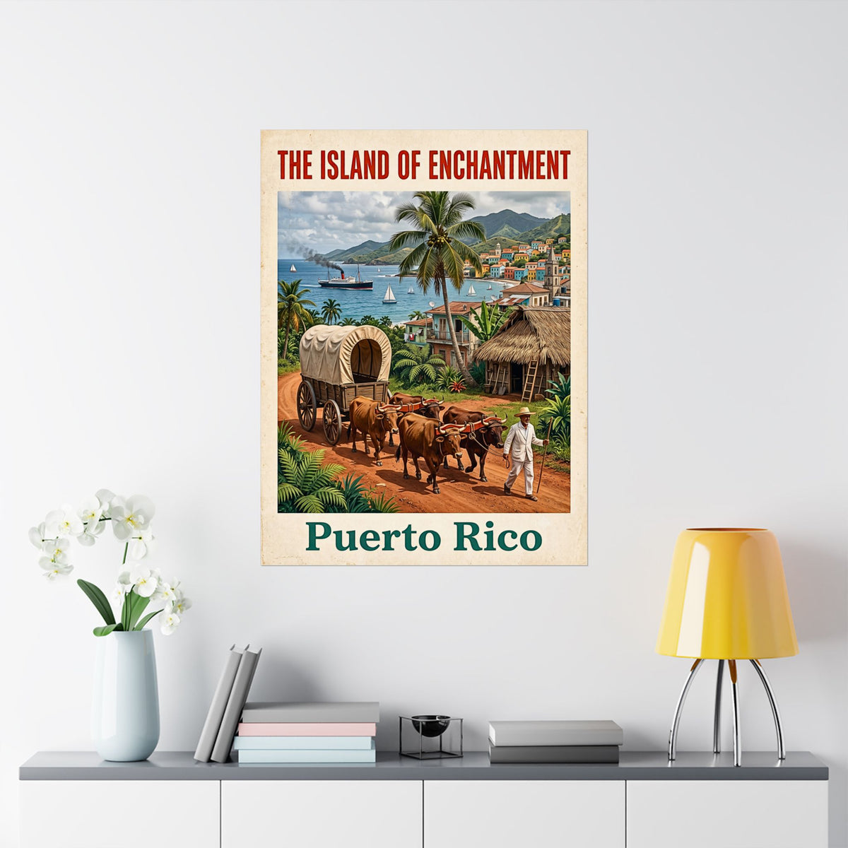 Puerto Rico Vintage Travel-Matte Vertical Poster| "The Island of Enchantment" Wall Art| Retro Caribbean Print | Jíbaro & Oxen, Coastal Homes