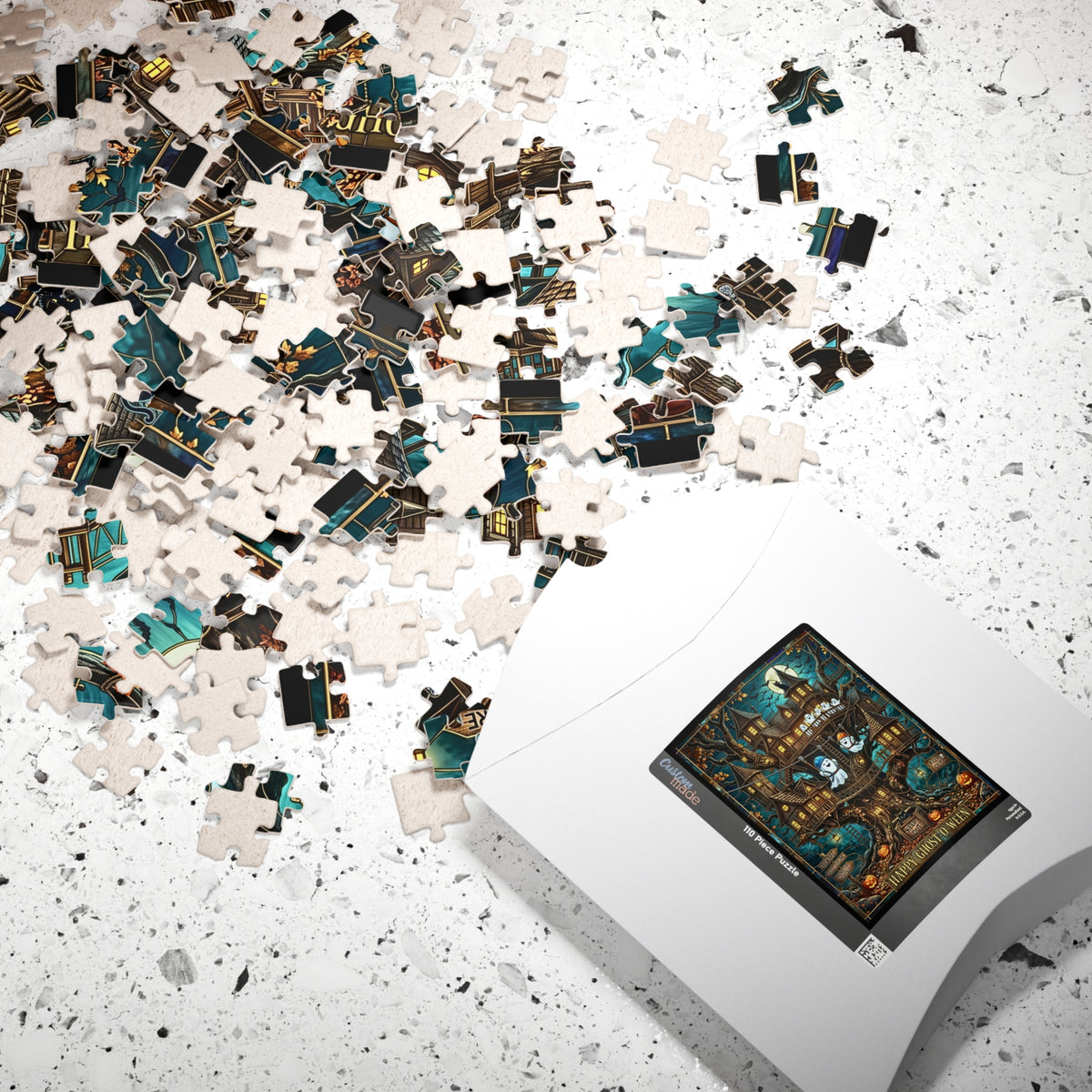Whimsical Stained Glass Jigsaw Puzzle| Halloween Treehouse Print | Happy Ghost-O-Ween | Ghost Zipline Art| Construction Ghosts & Black Cats