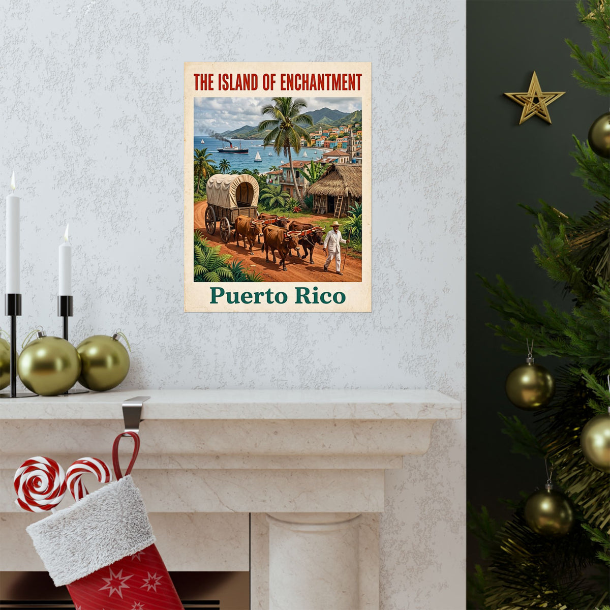 Puerto Rico Vintage Travel-Matte Vertical Poster| "The Island of Enchantment" Wall Art| Retro Caribbean Print | Jíbaro & Oxen, Coastal Homes