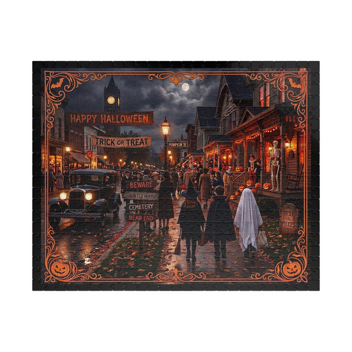 Vintage Halloween Night Town Scene | Jigsaw Puzzle -3 sizes | Nostalgic "Trick or Treat" Village | Classic Halloween Art