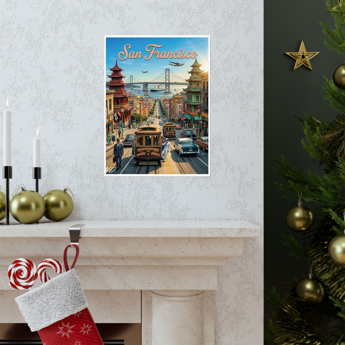 Vintage 1950's San Francisco Travel Art | Matte Vertical Poster | Mid-Century Modern Cable Car| Retro Bay Bridge & Chinatown Cityscape Print