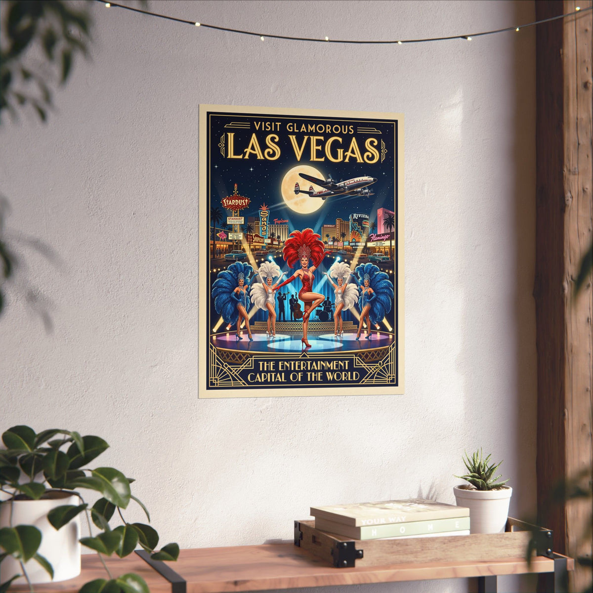 Vintage Las Vegas Travel Print|Vertical Matte Paper Poster| Retro Mid-Century Showgirl Art| 1950's Art Deco Casino Decor| Retro TWA Airplane