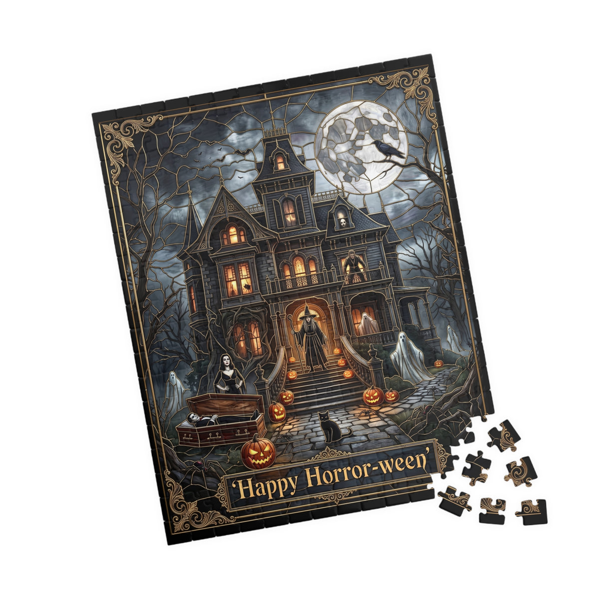 Gothic Victorian Haunted House | Faux Stained-Glass Jigsaw Puzzle | Happy Horror-ween | Spooky Haunted Mansion | Classic Horror Characters