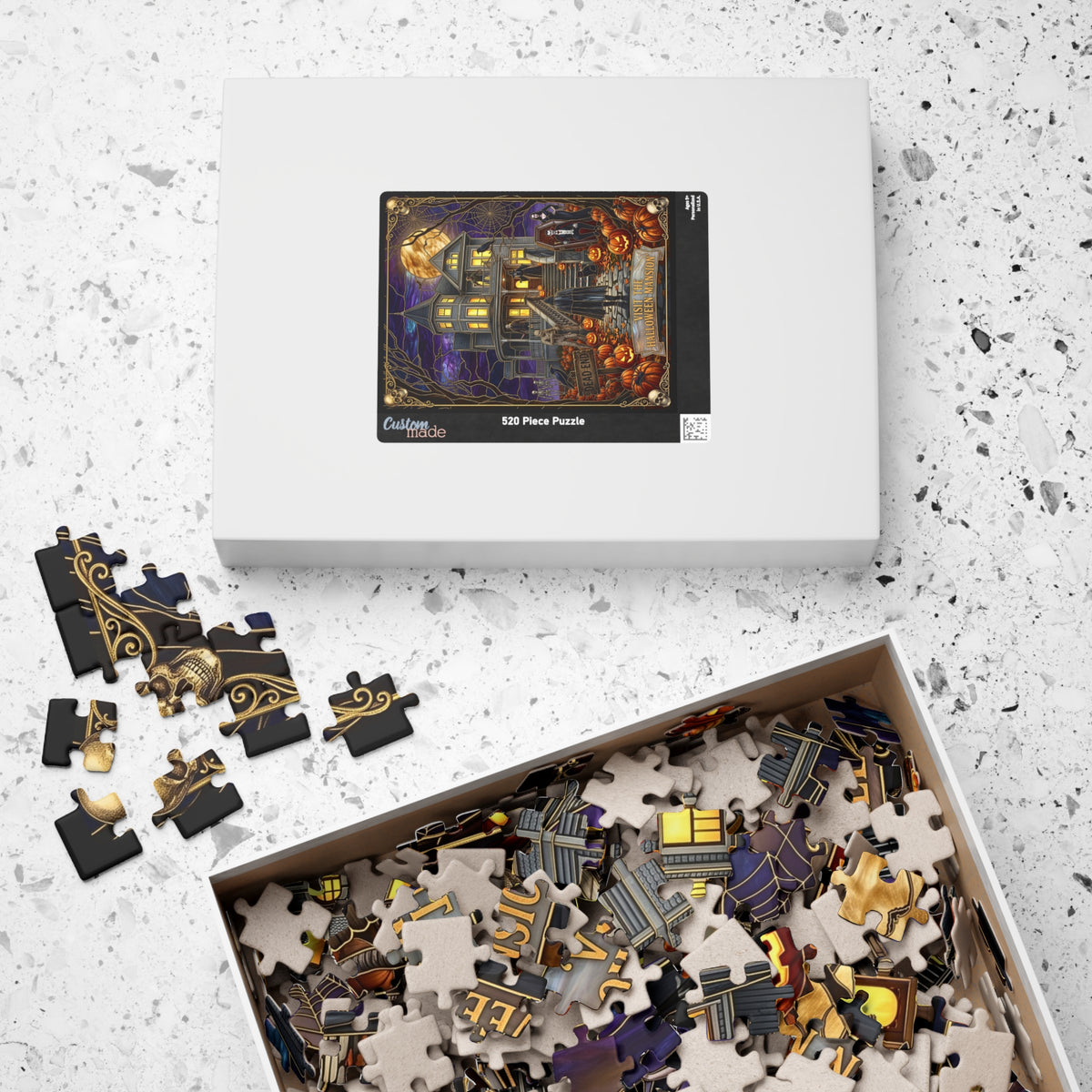 Halloween Mansion Art | Faux Stained-Glass Jigsaw Puzzle | Gothic Victorian Haunted House | Spooky Charcters, Count Dracula, Witch & Mummy