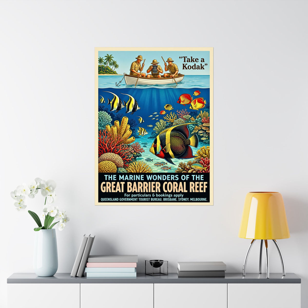 Vintage Australian Great Barrier Reef Travel Poster | Vertical Matte Print | 1930s Retro Ocean Coral Art | Mid-Century Marine Illustration