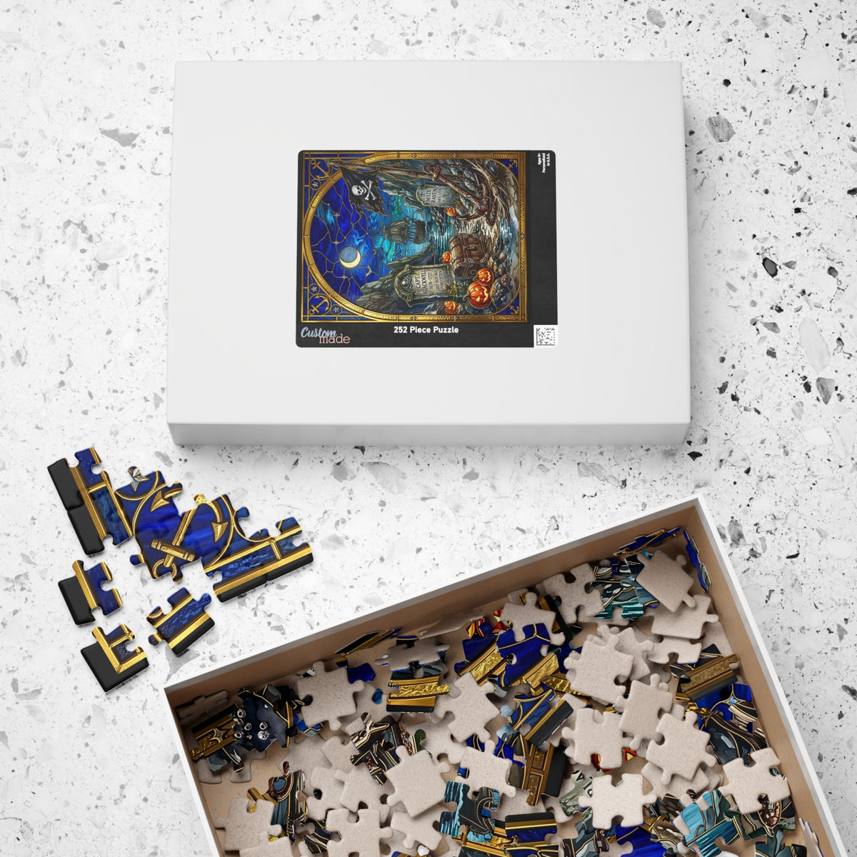 Haunted Pirate Graveyard | Stained-Glass Jigsaw Puzzle | Halloween Jolly Roger, Crescent Moon & Ghost Ship Art | Spooky Nautical Treasure