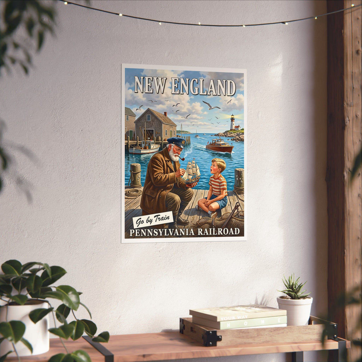 Vintage New England Mid-Century Travel Advertisement |Matte Vertical Poster|Nautical Sea Captain Wall Art|Go By Train Pennsylvania Railroad