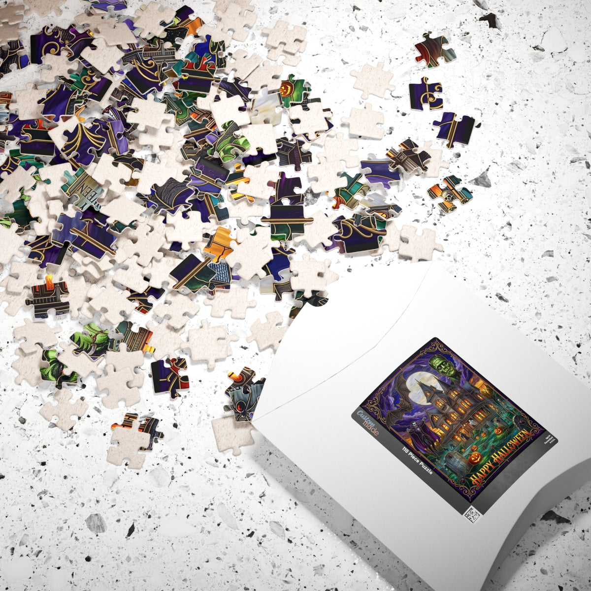 Vintage "Happy Halloween" Stained-Glass Jigsaw Puzzle | Classic Frankenstein & Vampire Monsters | Haunted Victorian Mansion