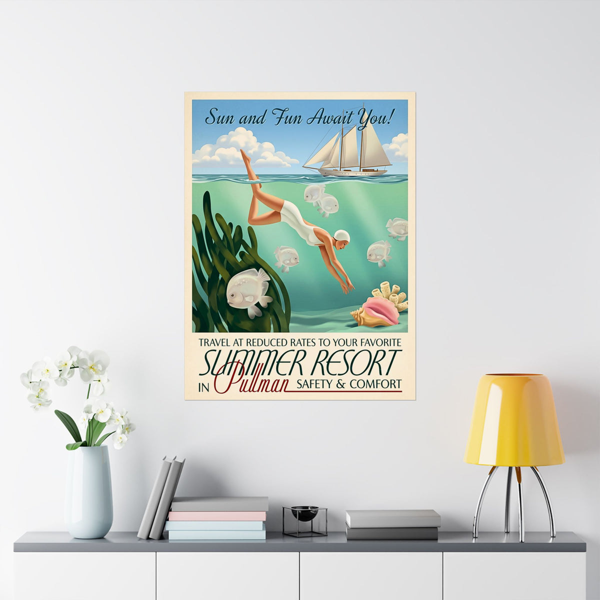 Vintage Travel Poster | Matte Vertical Poster | Retro Woman Diver & Sailboat | Pullman Summer Resort Beach Art | Mid-Century Nautical Decor