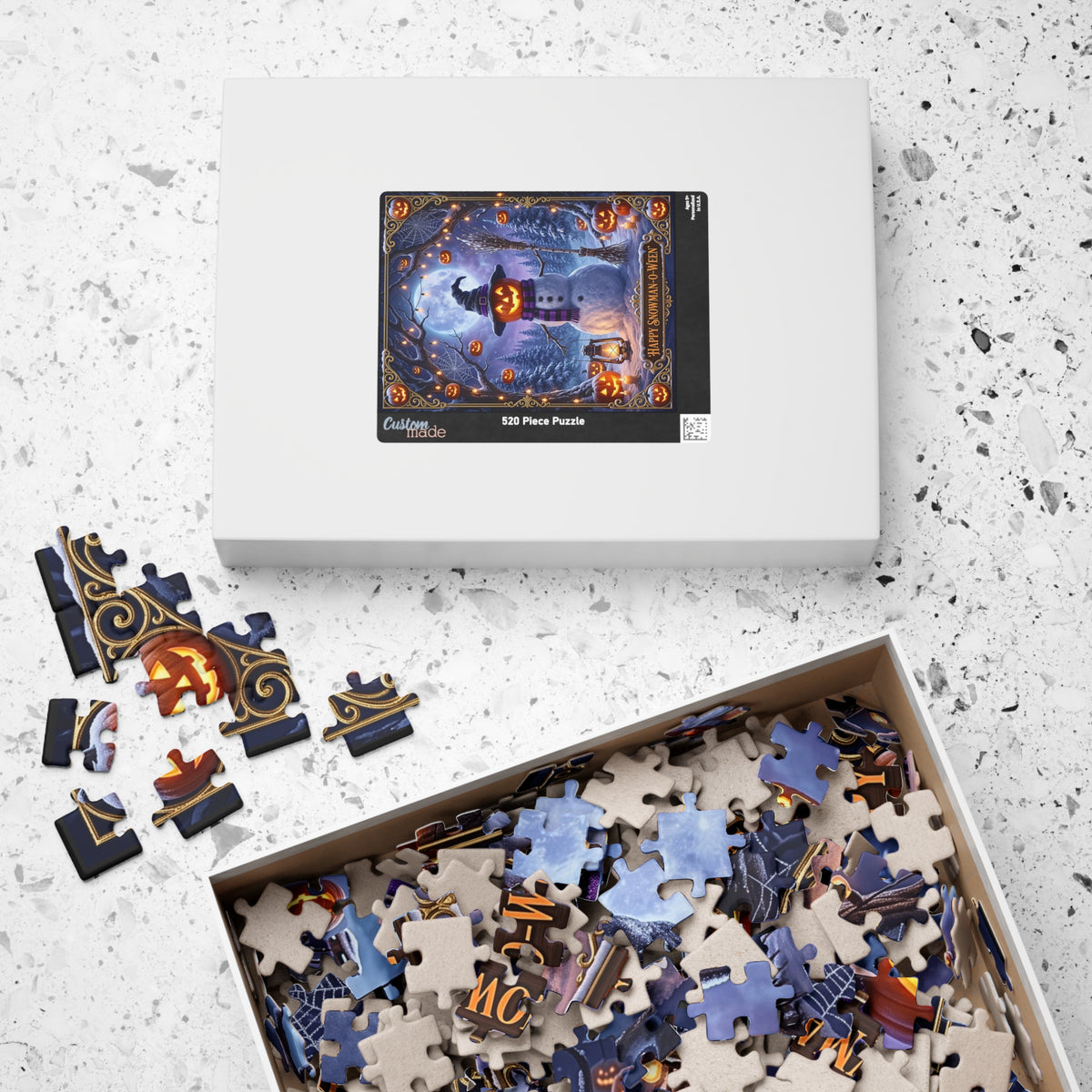 Whimsical 'Happy Snowman-O-Ween' Jigsaw Puzzle | Witch Hat Jack-o'-Lantern Art | Halloween Fall to Winter Mashup | Enchanted Forest Decor