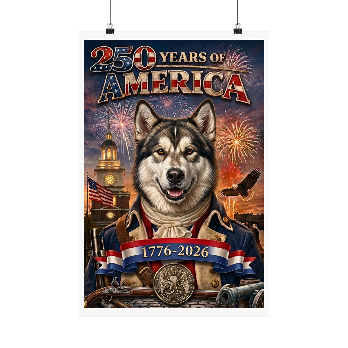 Patriotic ALASKAN MALAMUTE Dog | Matte Finish Poster | 250 Years of America 1776-2026 | Independence Hall | Soaring Bald Eagle | Fireworks