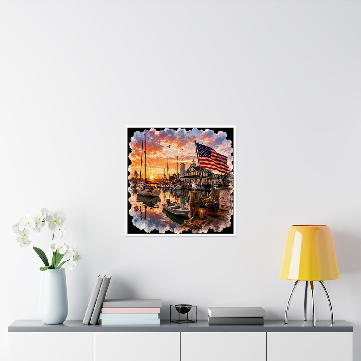 Patriotic Harbor Sunset Watercolor| Matte Square Poster | Land of the Free Because of the Brave Design | Classic Lighthouse, American Flag