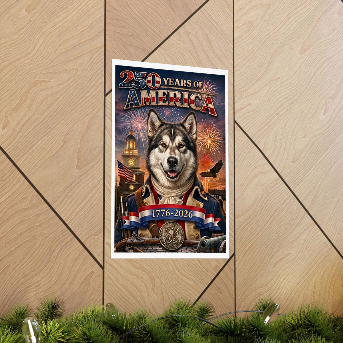 Patriotic ALASKAN MALAMUTE Dog | Matte Finish Poster | 250 Years of America 1776-2026 | Independence Hall | Soaring Bald Eagle | Fireworks