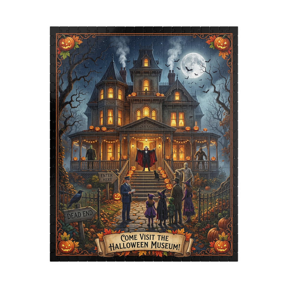 The "Halloween Museum" Jigsaw Puzzle| Haunted Victorian Mansion & Classic Monsters| Spooky Trick or Treat Scene | Vintage Autumn Jigsaw Gift