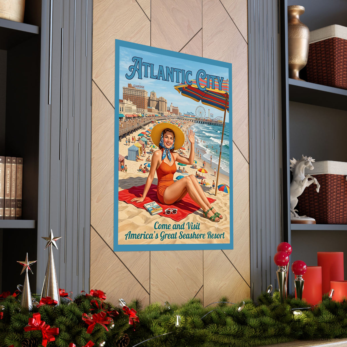 Vintage Atlantic City Matte Vertical Travel Poster | Mid-Century Retro Beach Wall Art | New Jersey Boardwalk Print | Coastal Summer Decor