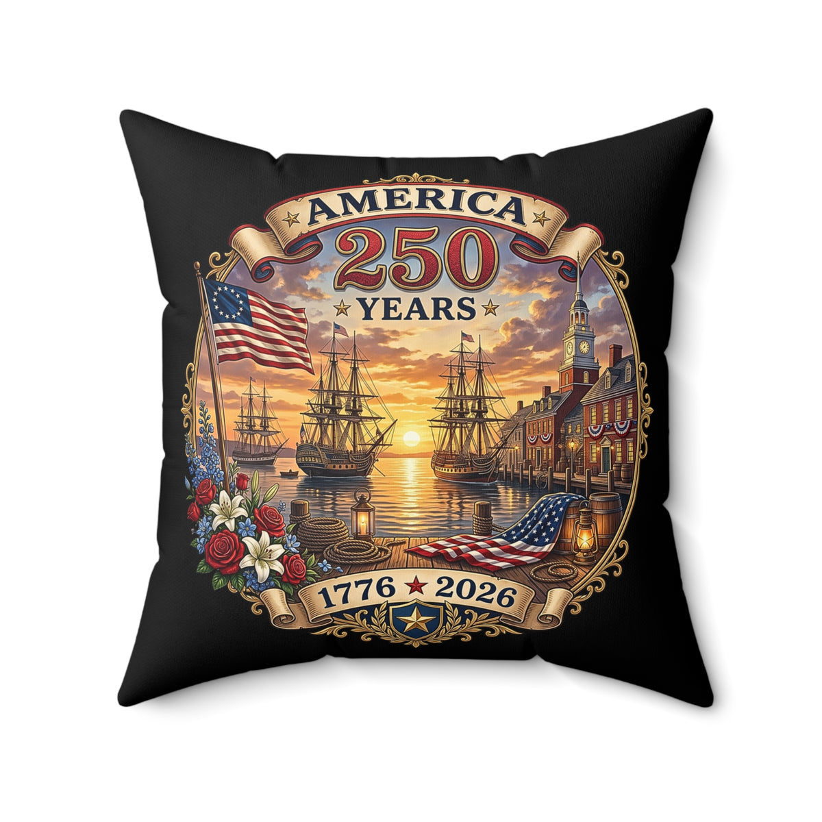 Vintage America 250 Years 1776-2026 Commemorative Emblem| Square Polyester Throw Pillow| Historic Sailing Ships, Flag | Patriotic USA Design