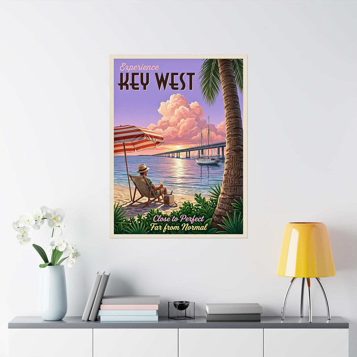Vintage Key West Travel Poster | Matte Vertical Print | Retro Florida Keys Beach | Sailboat & Sunset Illustration| Mid-Century Coastal Decor