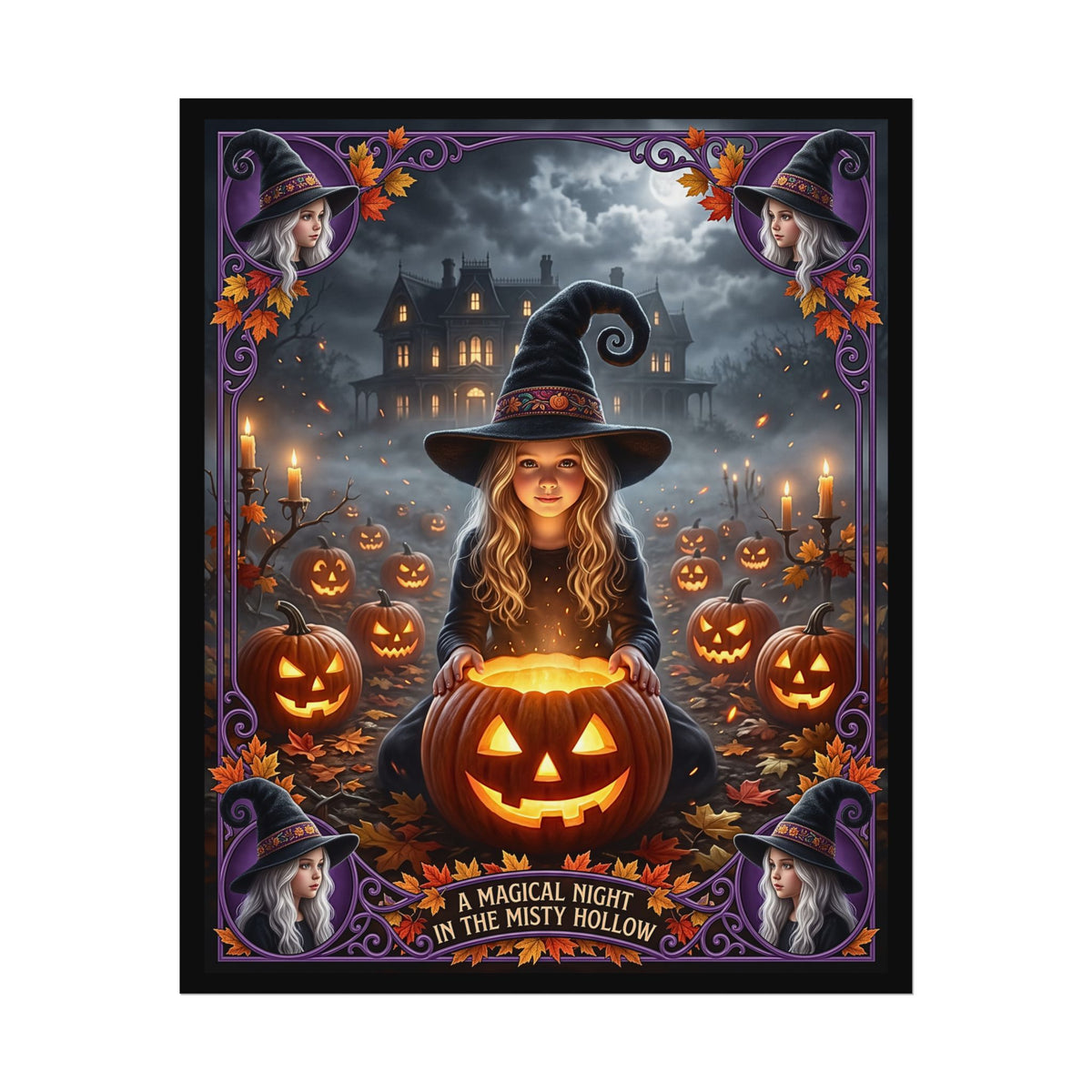 A Magical Night in the Misty Hollow| Textured Watercolor Matte Poster| Cute Halloween Witch, Glowing Jack-o'-Lanterns| Gift for Kids, Adults
