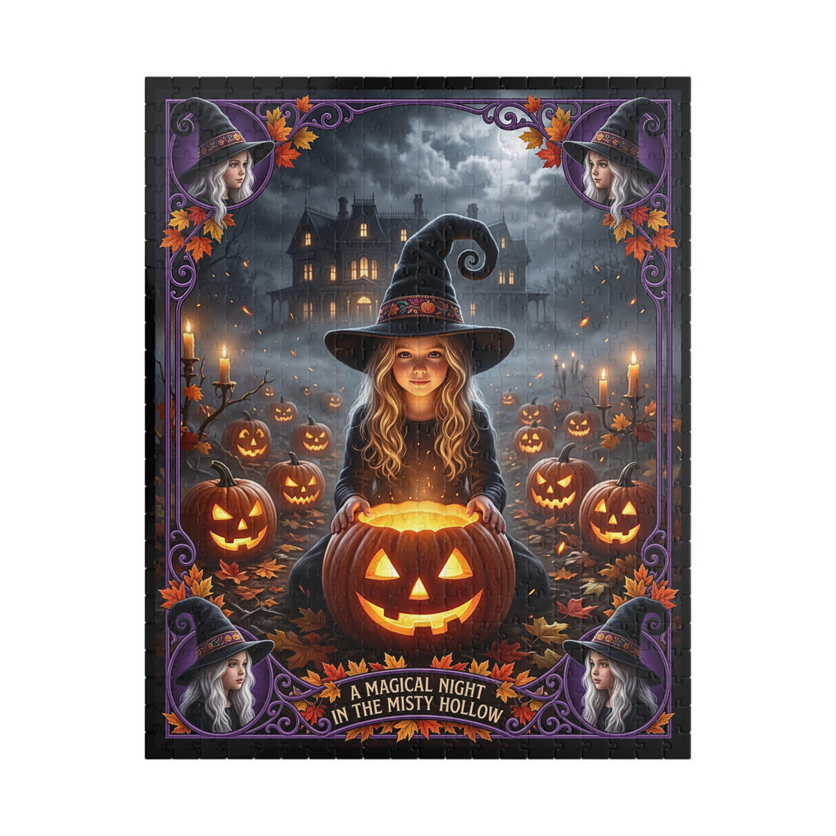 Halloween Art Jigsaw Puzzle | Cute Costumed Witch Girl | Glowing Jack-o'-Lanterns, Haunted Victorian Mansion | Fall Gift for Kids & Adults