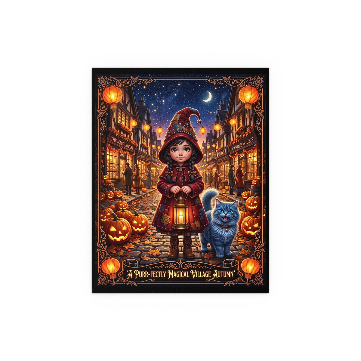 Whimsical Halloween Silk-finish Poster | Purr-fectly Magical Autumn Village | Cute Girl and Blue Cat | Cozy Fall Jack-o'-Lantern Print