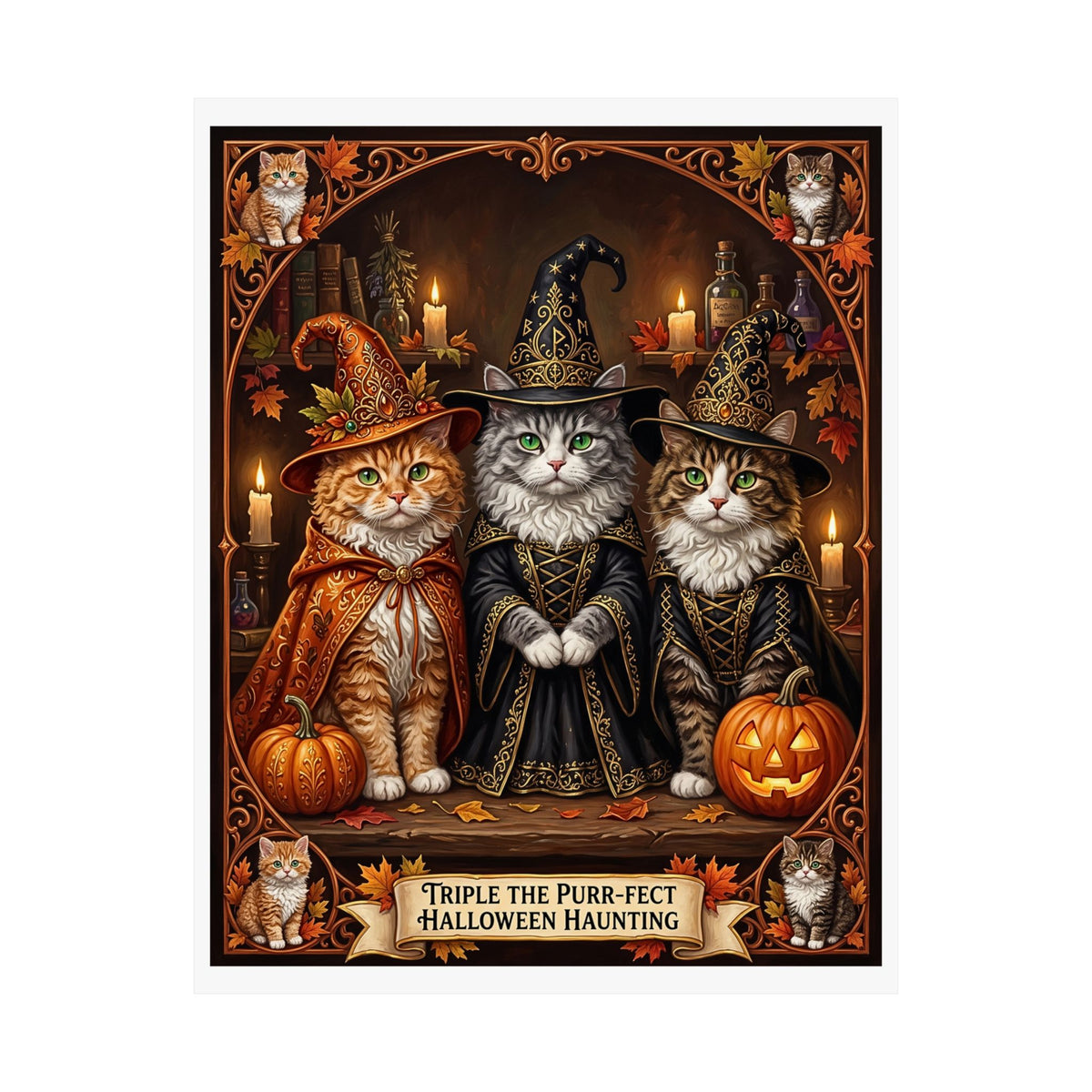 Witch Hat Selkirk Rex Kittens Halloween Poster | Triple The Purr-fect Haunting | Whimsical Dark Fantasy Wall Art