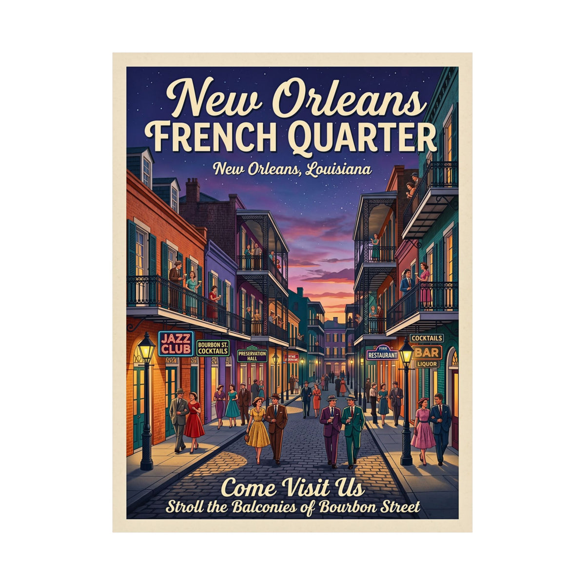 Retro New Orleans Travel Rolled Poster | 1950s French Quarter Twilight Art | Bourbon Street Balcony Print | Photo-realistic NOLA Wall Decor
