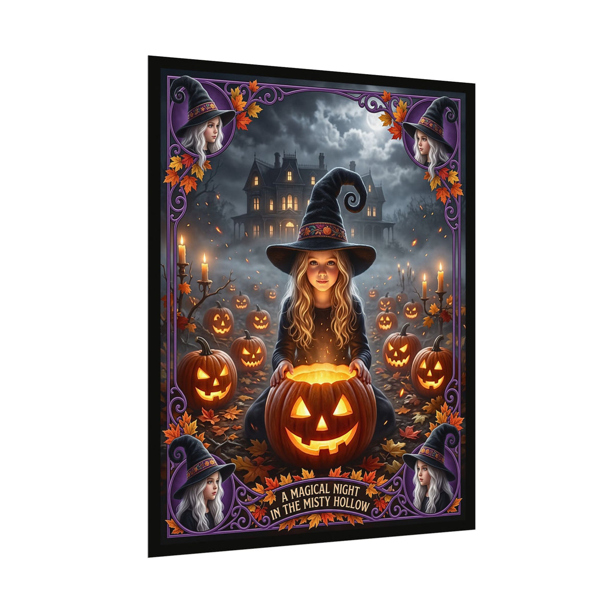 A Magical Night in the Misty Hollow| Textured Watercolor Matte Poster| Cute Halloween Witch, Glowing Jack-o'-Lanterns| Gift for Kids, Adults