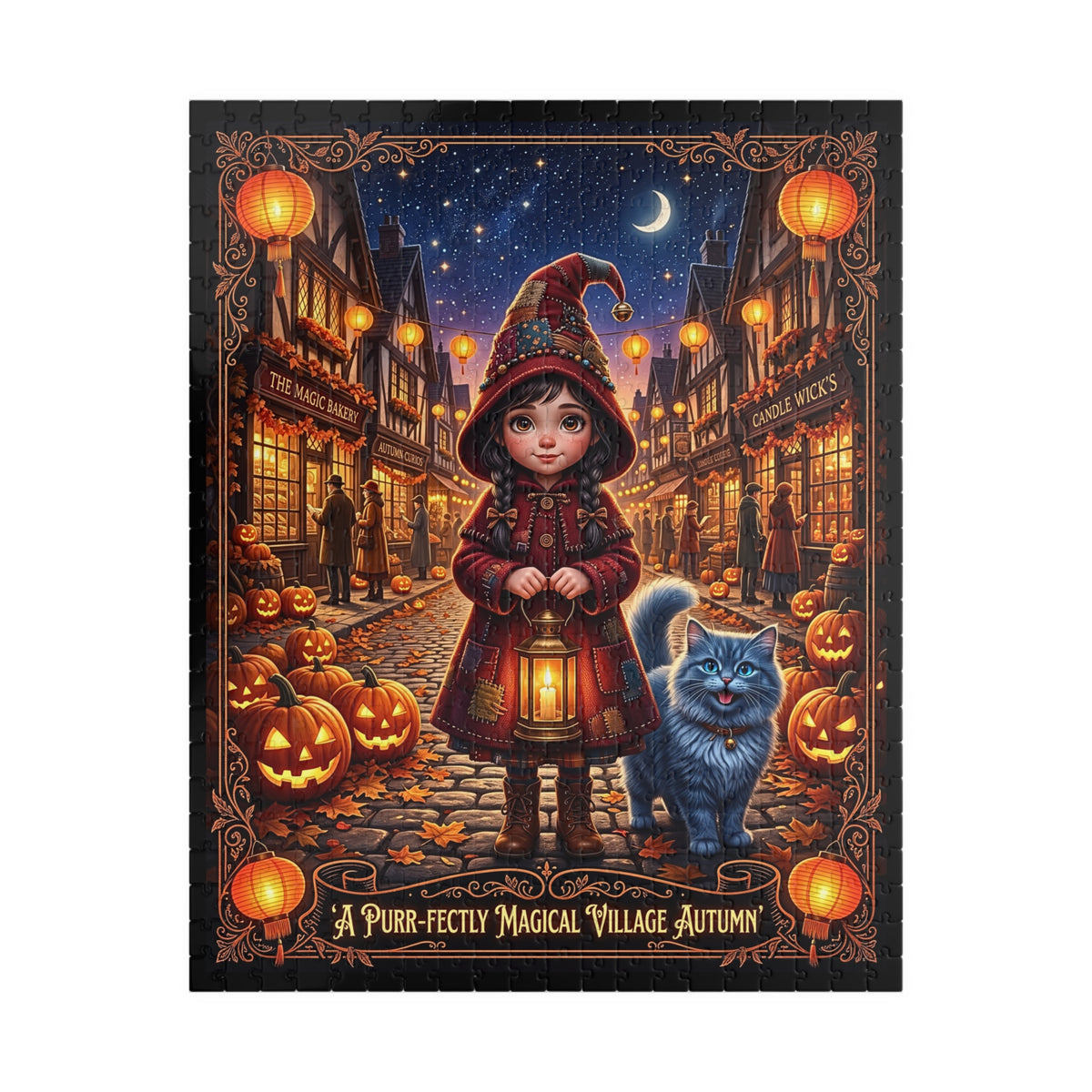 Whimsical Halloween Jigsaw Puzzle | Purr-fectly Magical Autumn Village | Cute Girl and Blue Cat | Cozy Fall Jack-o'-Lantern Activity