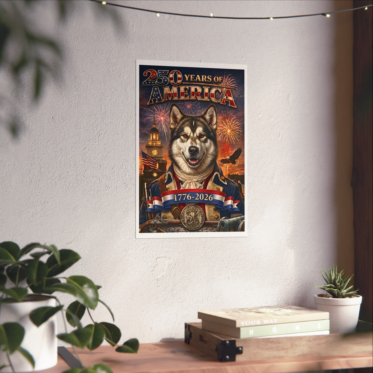 Patriotic ALASKAN MALAMUTE Dog | Matte Finish Poster | 250 Years of America 1776-2026 | Independence Hall | Soaring Bald Eagle | Fireworks