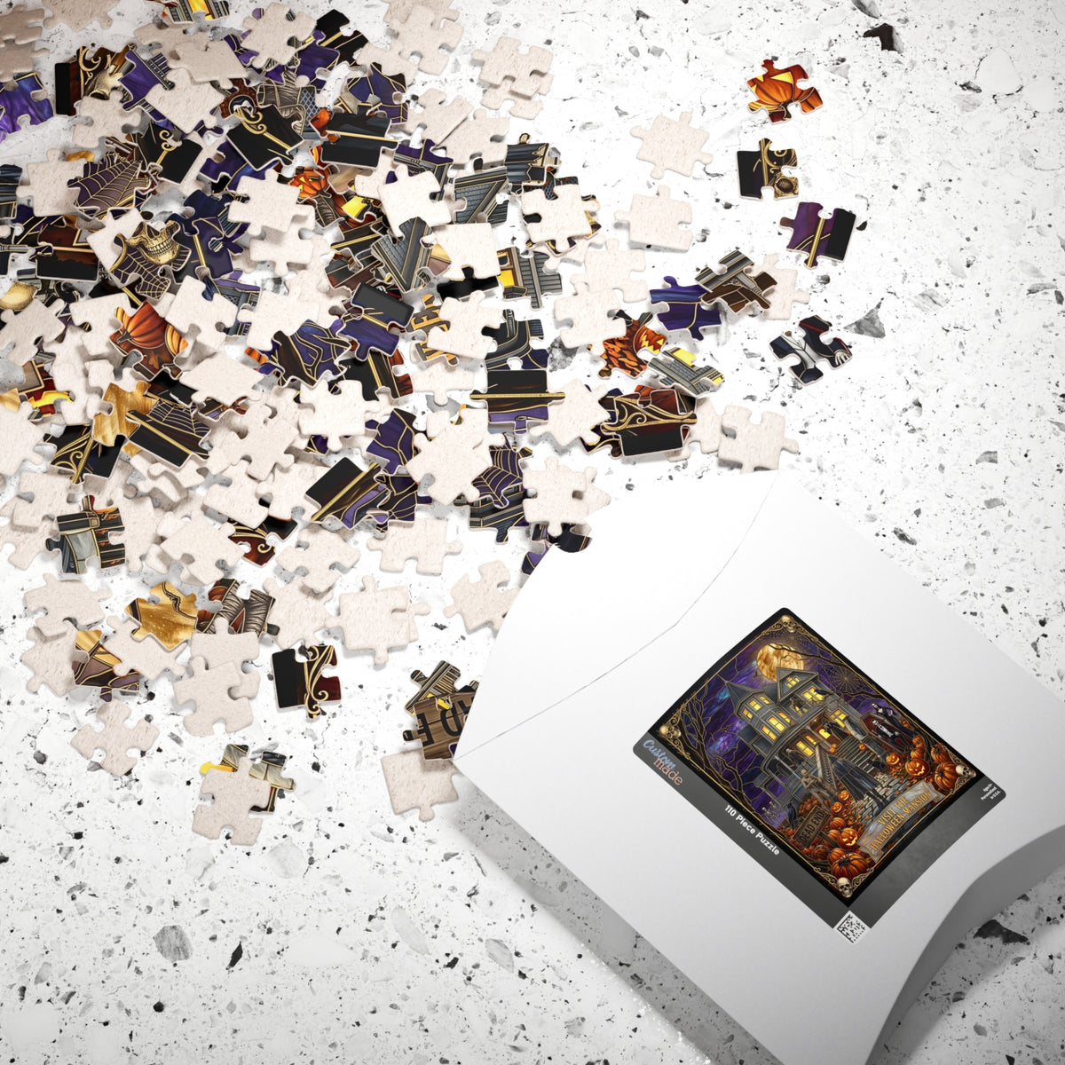Halloween Mansion Art | Faux Stained-Glass Jigsaw Puzzle | Gothic Victorian Haunted House | Spooky Charcters, Count Dracula, Witch & Mummy