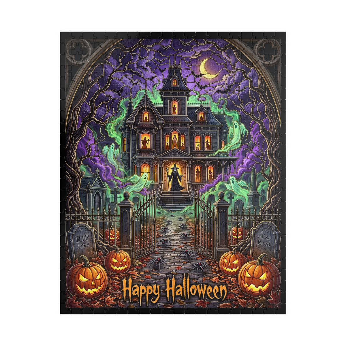 Spooky Haunted House Halloween Art | Stained-Glass Jigsaw Puzzle |  Victorian Mansion Art | Spooky Graveyard Witch Print | Jack-o-Lantern