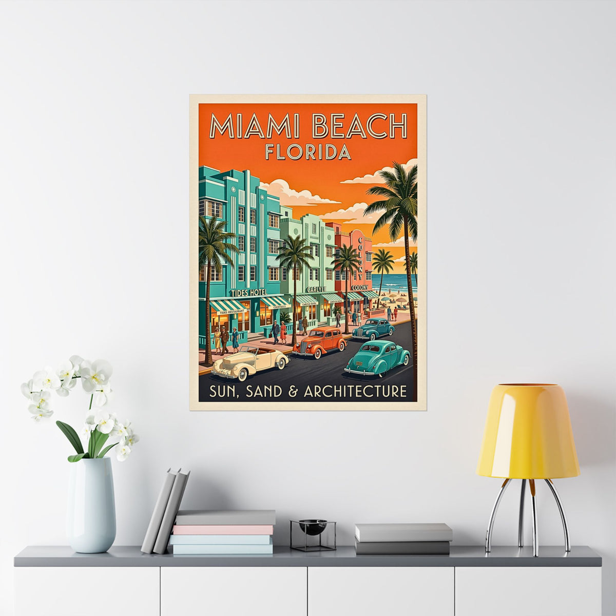 Miami Beach Florida Art Deco Travel | Matte Poster | Retro Vintage Mid-Century Wall Art | Ocean Drive, Tides & Carlyle Hotels, Classic Cars