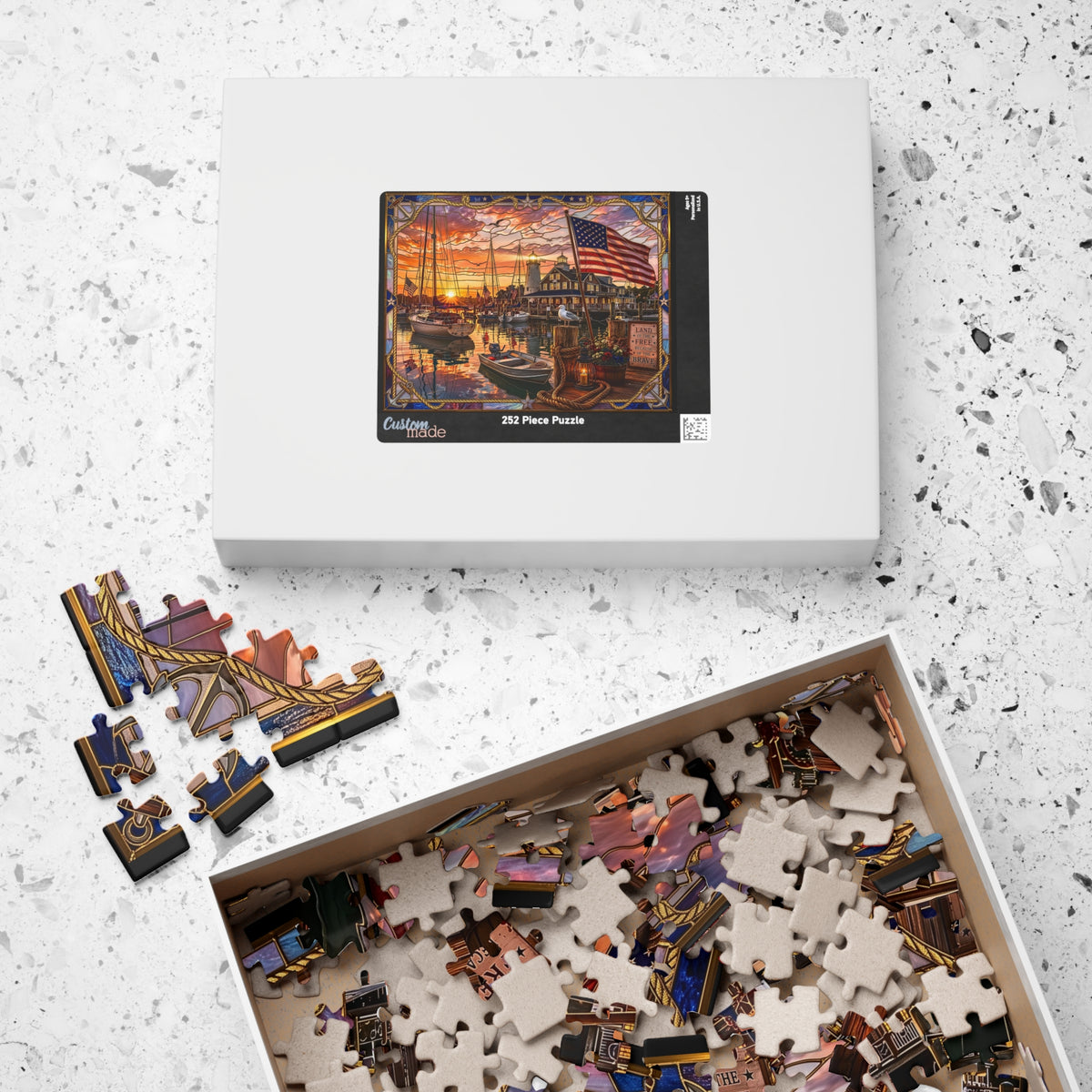 Patriotic Harbor Sunset Stained-Glass Jigsaw Puzzle | Land of the Free Because of the Brave | Nautical Lighthouse, American Flag Coastal Art