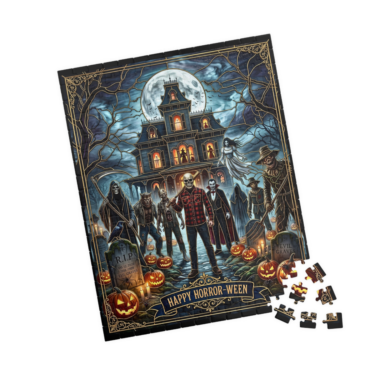 Victorian Haunted House | Faux Stained-Glass Jigsaw Puzzle | Happy Horror-Ween | Classic Horror Monsters, Jack-O-Lanterns, Creeping Spiders