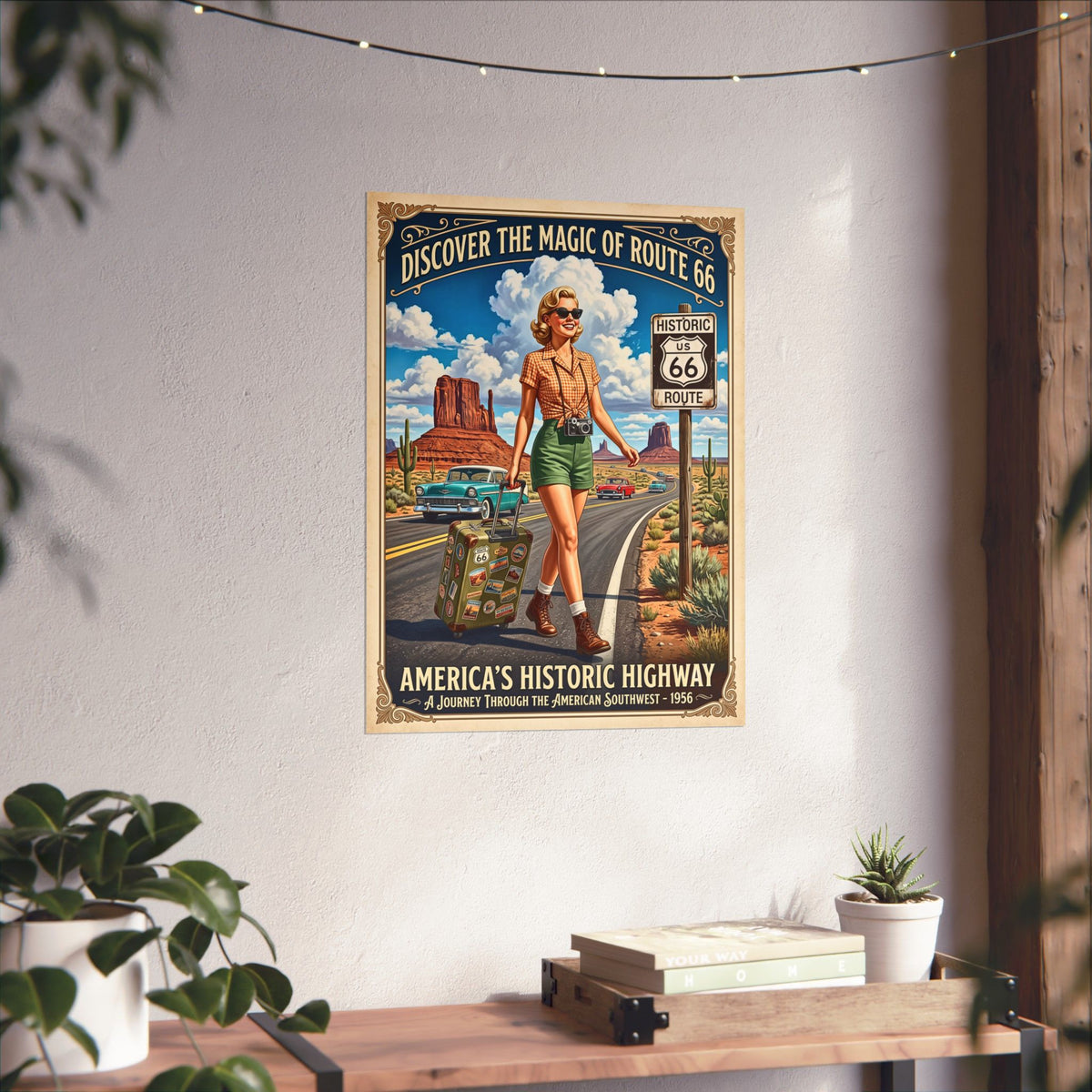 Vintage Route 66 Travel | Matte Vertical Poster | 1950s Retro Americana Wall Art | Southwest Desert Road Trip Print | Mid-Century Home Decor