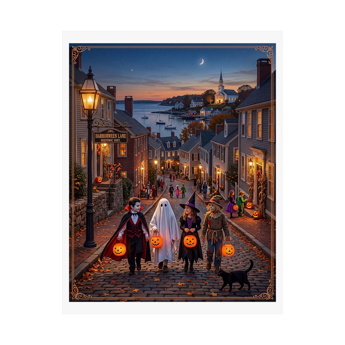 "HARBORWEEN LANE" Historic District | Matte Finish Poster – 7 Sizes | Nostalgic Night Town Scene | Classic Halloween Art | Spooky Retro Trick-or-Treat Village | Fall Gift for Kids & Adults