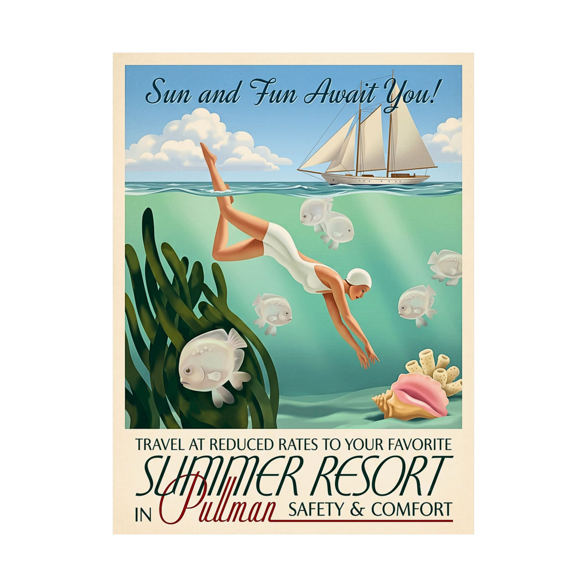 Vintage Travel Poster | Matte Vertical Poster | Retro Woman Diver & Sailboat | Pullman Summer Resort Beach Art | Mid-Century Nautical Decor